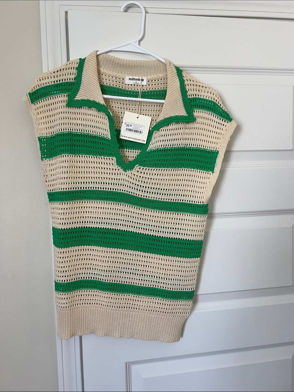 mittoshop Open-Knit Polo Top in Cream and Green Stripe